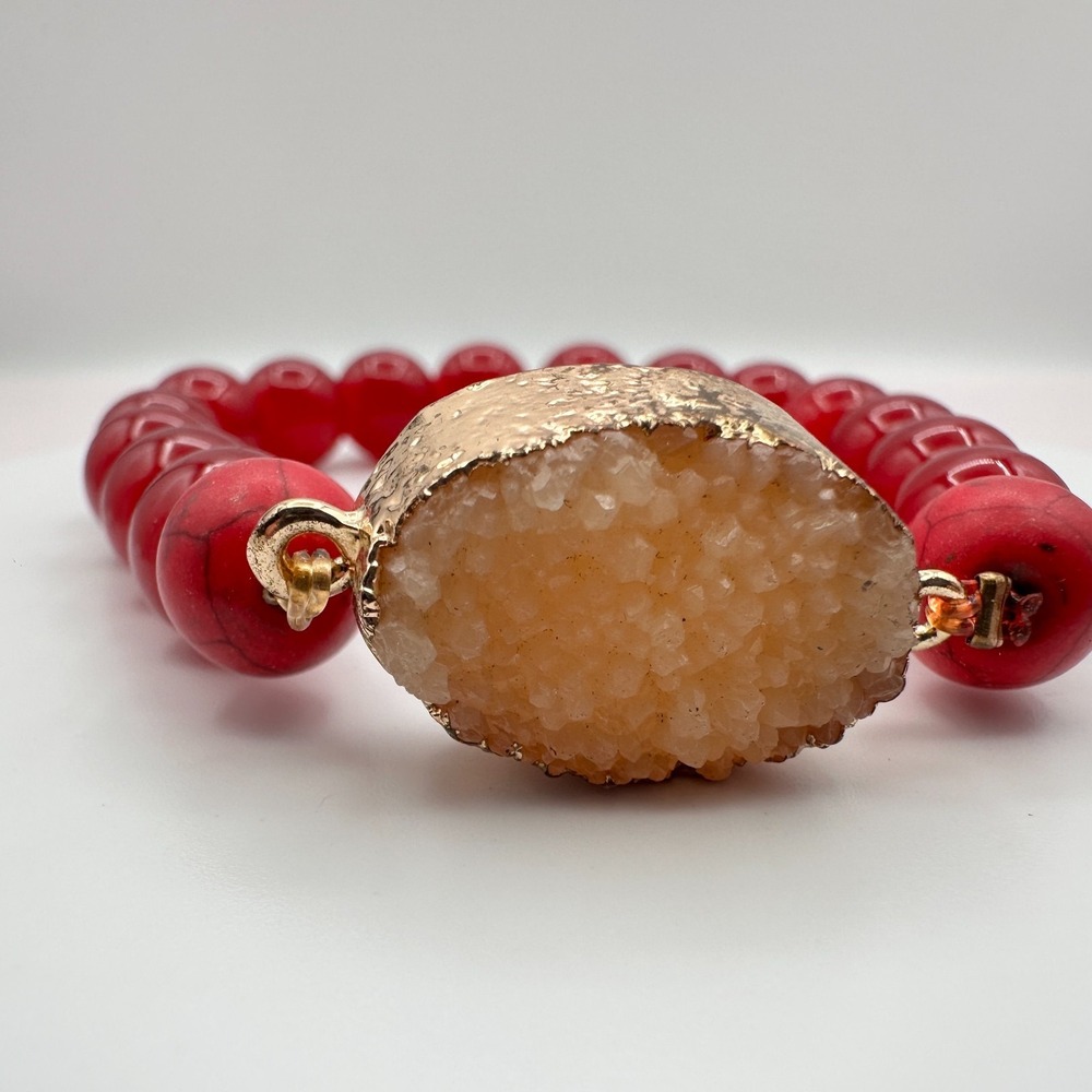 Vintage Gold Tone Chunky Beaded Bracelet Boho Red Orange Faux Stone